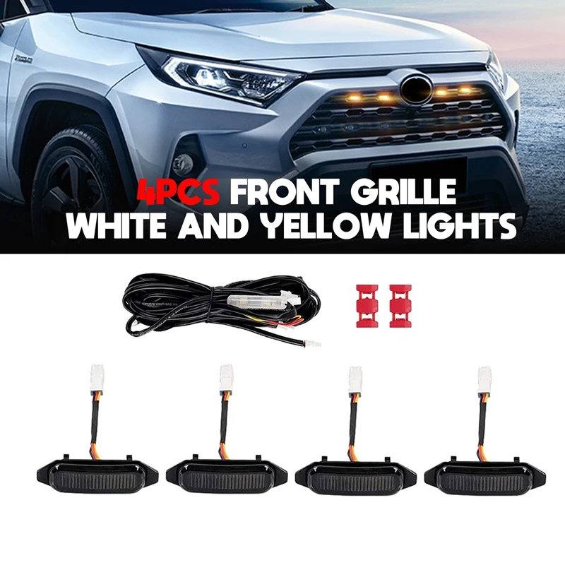 

4PCS LED Front Grill Lights for Toyota RAV4 2019 2020 2021 External Grill Lamp, White Amber Light