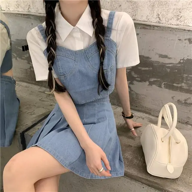 [Костюм-тройка] рубашка с коротким рукавом + джинсовая кофта облегающая