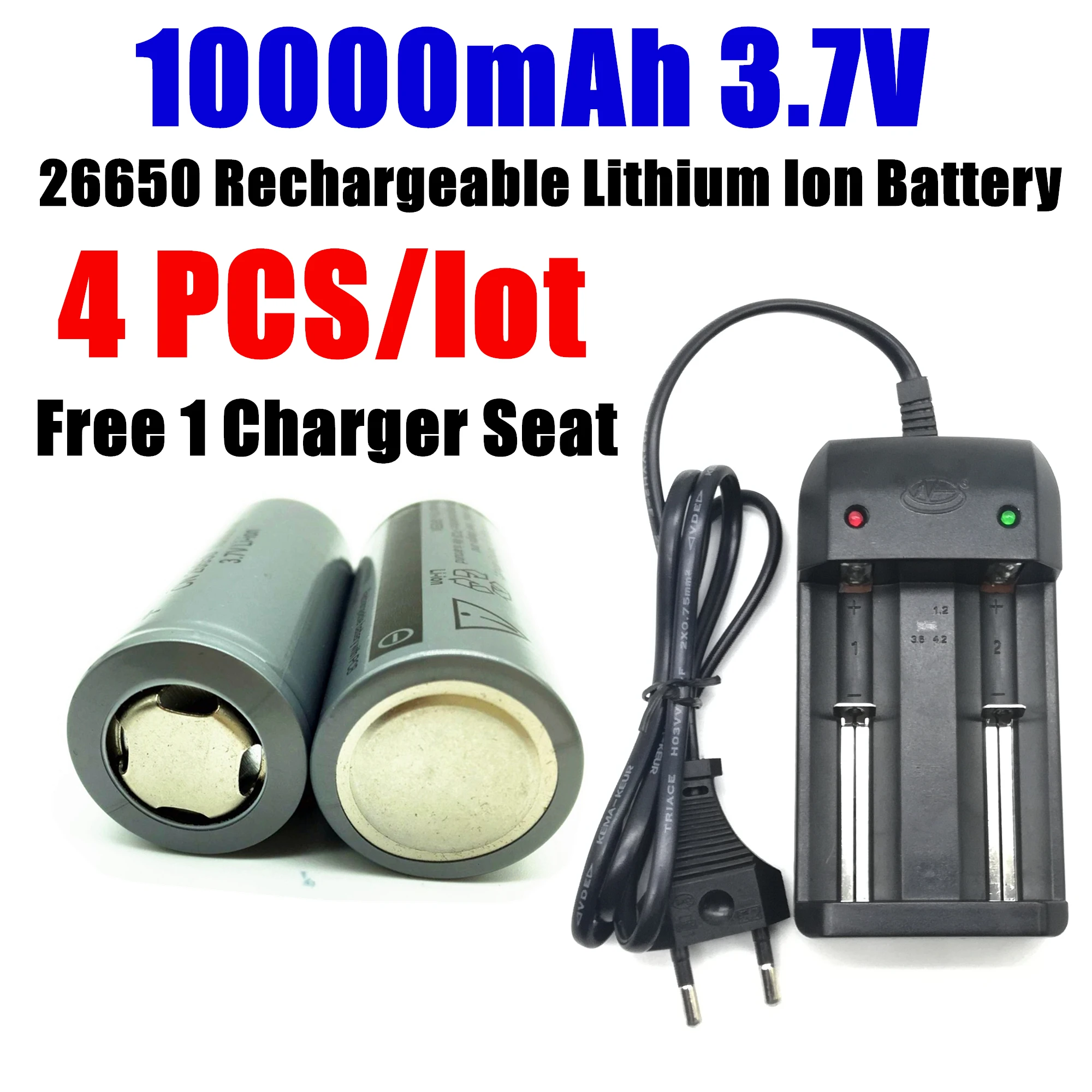 

4PSC /Lot Rechargeable 26650 Lithium Ion Battery 10000mah 3.7v Flashlight Battery Free 1 Charger Seat