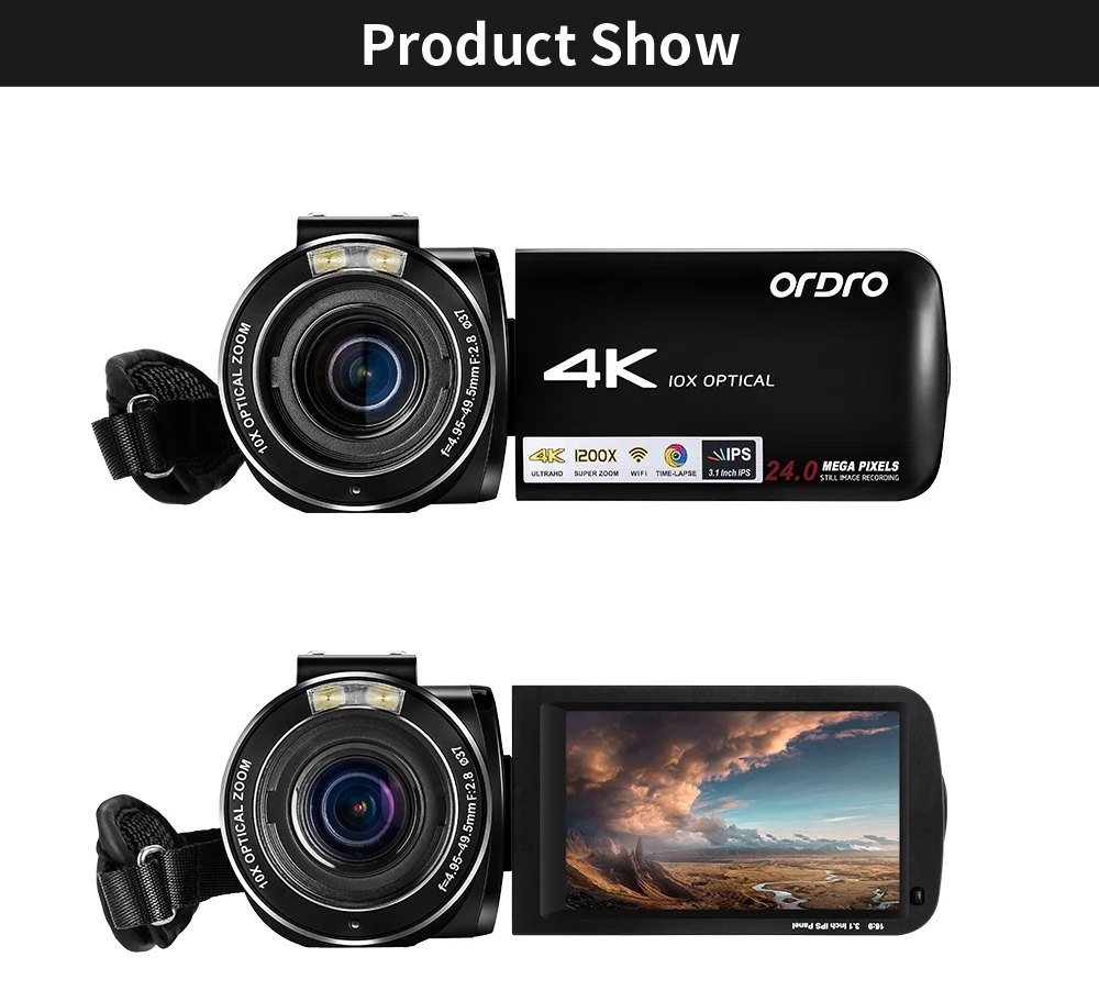 Ordro HDR-AC7 4K UHD видеокамера 10x оптический зум 3,1 ''ips Wi-Fi камера рекордер поддержка микрофона широкоугольный объектив 24mp