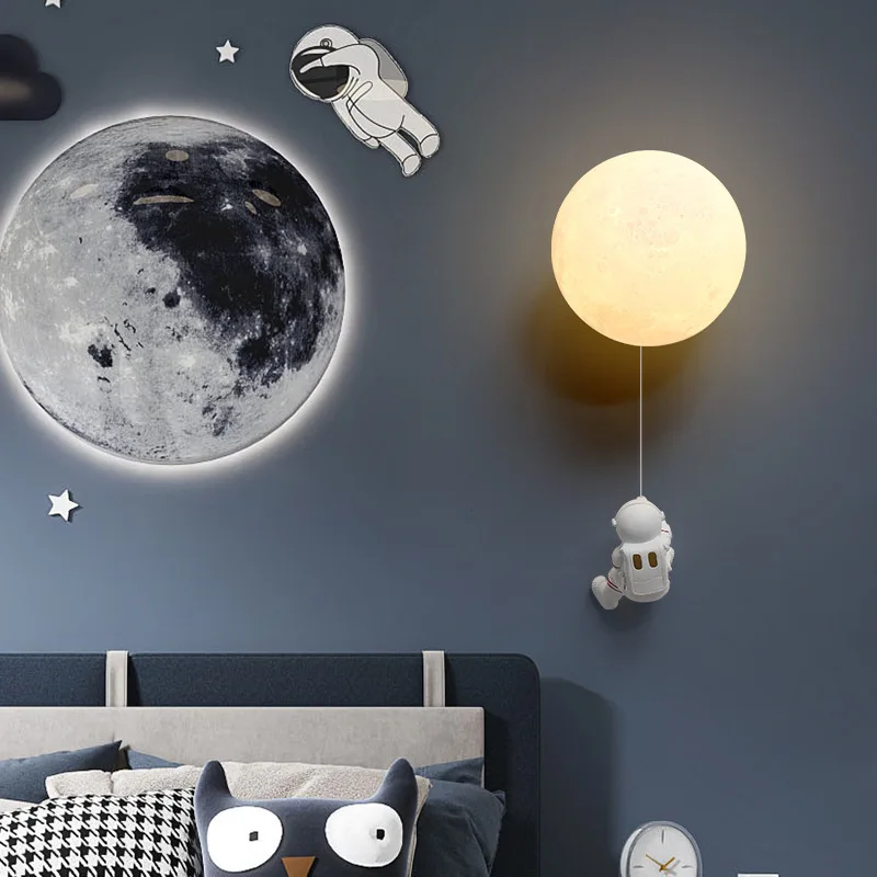 

Children's room moon wall lamp modern minimalist creative astronaut all copper cartoon boy bedroom bedside background wall lamp