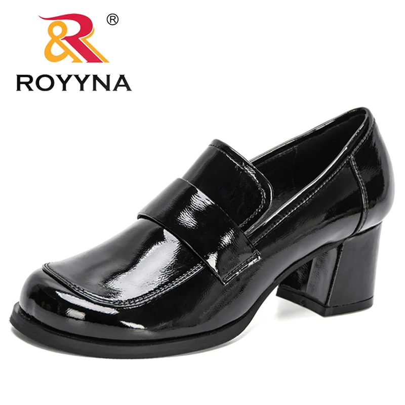 

ROYYNA 2021 New Designers Women Elegant Female Pumps Shallow Thick Heel Wedding Party Fashion Shoes Ladies Patent Leather Shoes