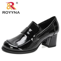 royyna 2021 new designers women elegant female pumps shallow thick heel wedding party fashion shoes ladies patent leather shoes
