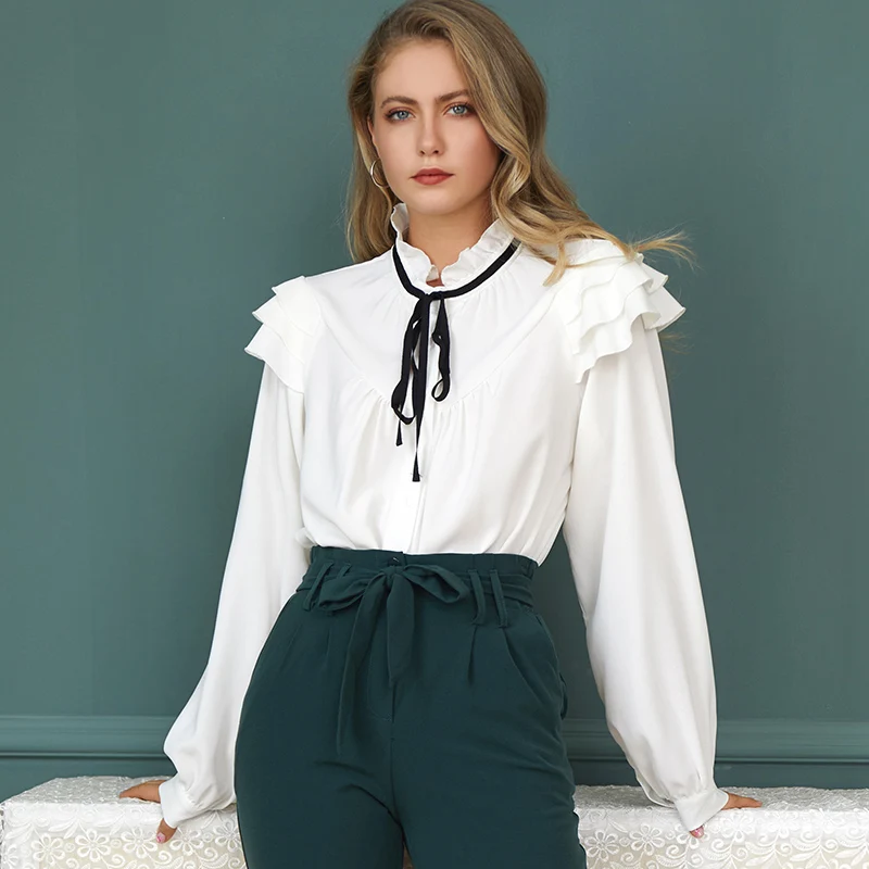 Белая шифоновая блузка ITOOLIN с воланом на шнурке и бантом модная рубашка V образным