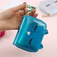 girlss holographic cartoon sky blue zipper purse brand animal kitten face short wallet small coin money clip card case new
