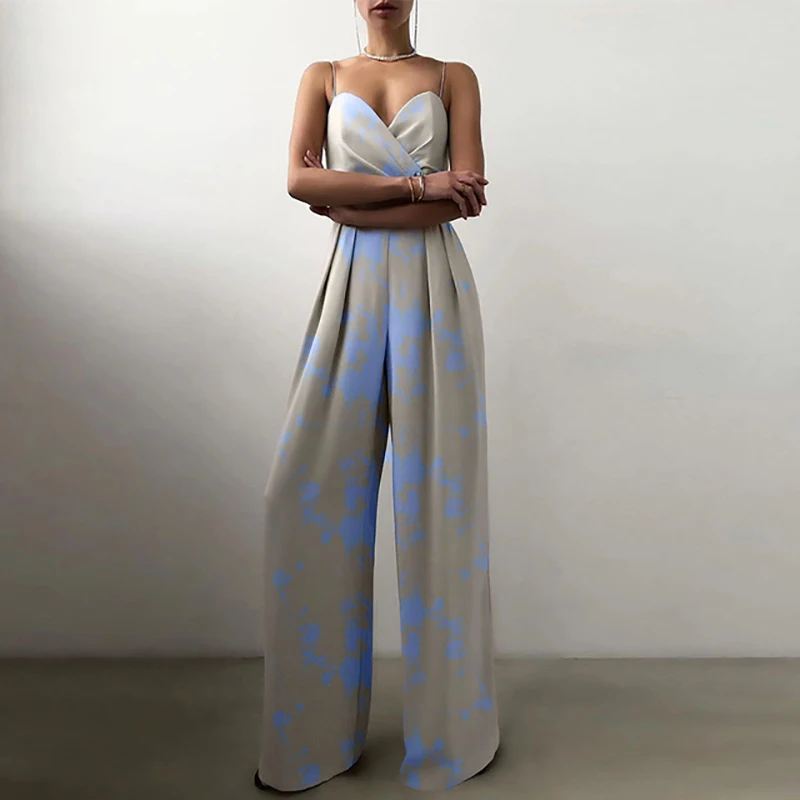 

Elegant Sling Backless Slim Waist Women Jumpsuits Sleeveless Wide Leg Pant Solid Female Jumpsuit 2021 Summer Party Lady Rompers