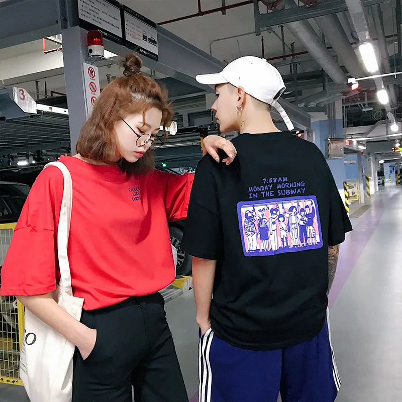 

2021 summer new men's short sleeve T-shirt Korean fashion Hong Kong style art student top versatile slim Tshirt Couples dress