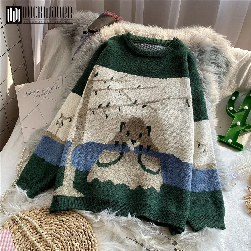 Duckwaver Knitted Sweater 2020 Spring Winter Women Clothes Cute Cartoon Pattern Loose Long sleeve pullover Tops | Женская одежда