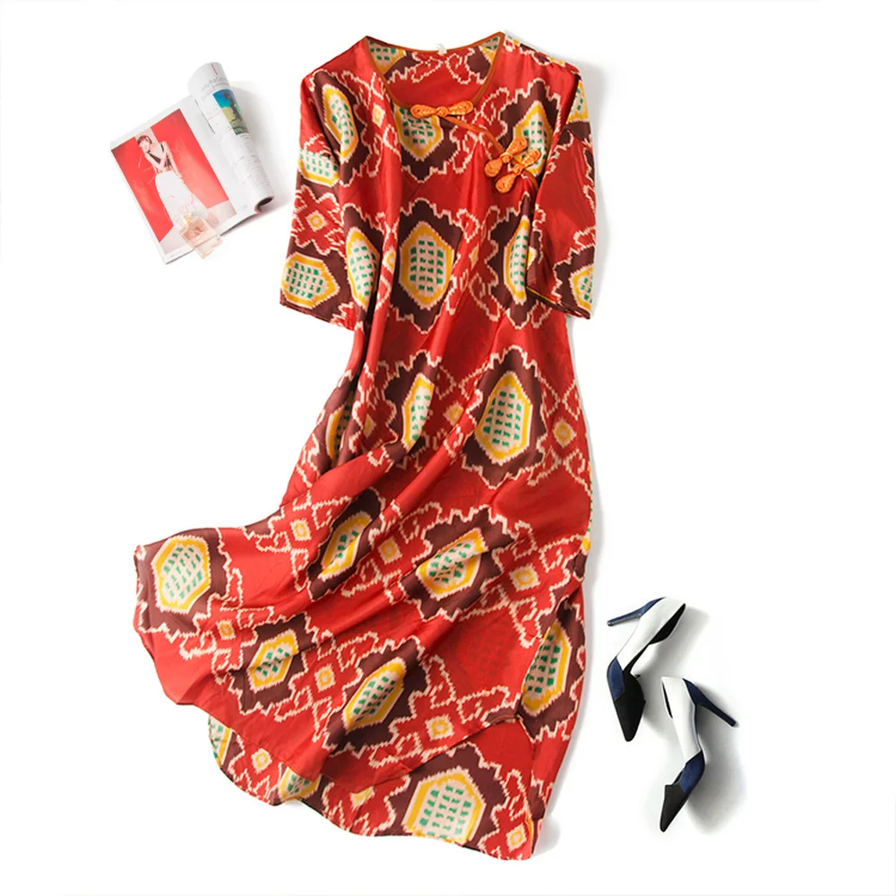 

Женское шелковое платье-ципао, длинное шелковое платье с красными цветами в китайском ретро-стиле, 2021