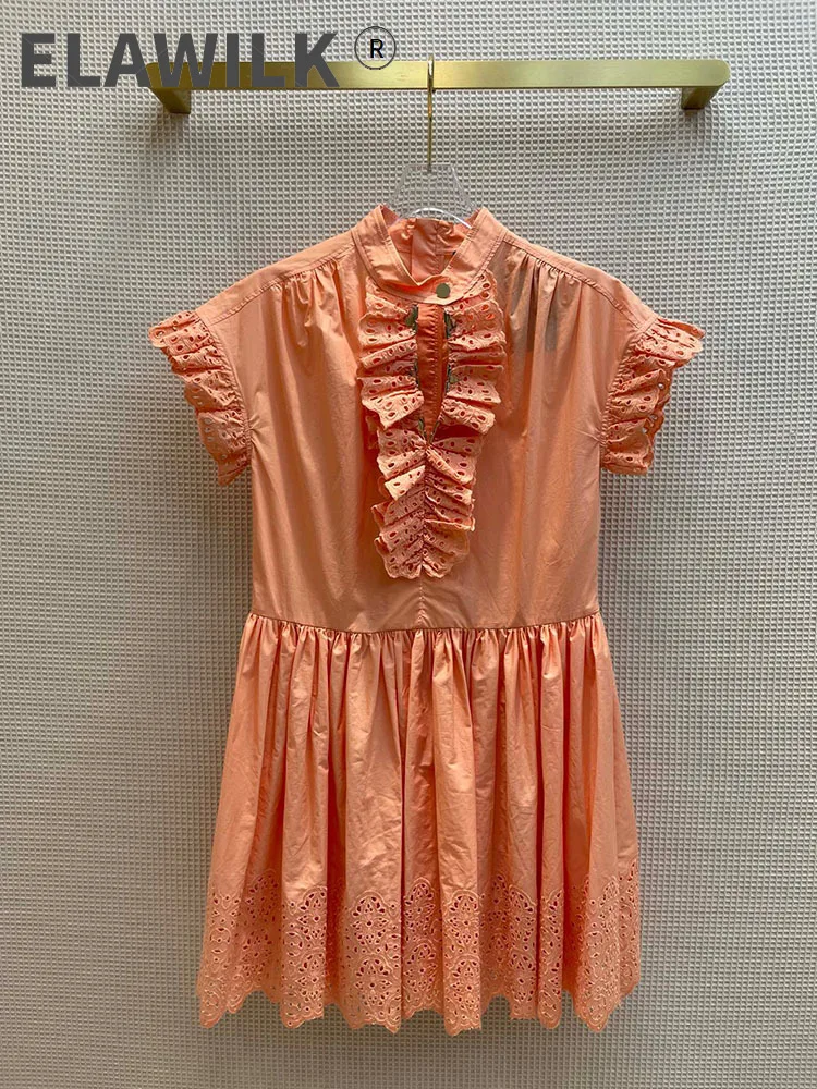 

Женское ажурное мини-платье с вышивкой, розовое оранжевое плиссированное платье с краями, лето-осень 2021