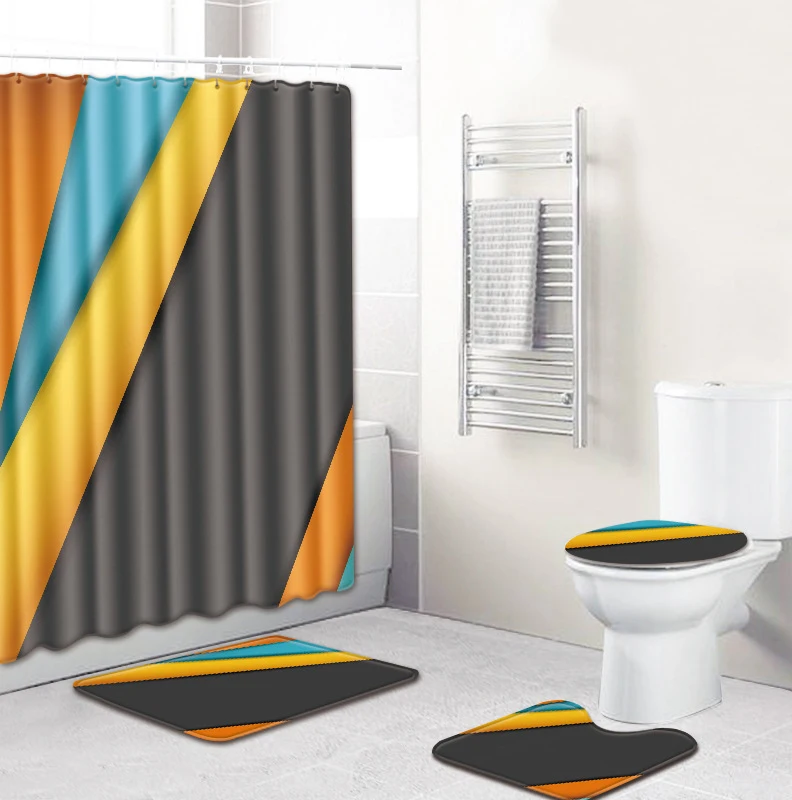 Набор полосатых ковриков для ванной Zeegle с крышкой душа унитаза занавеской