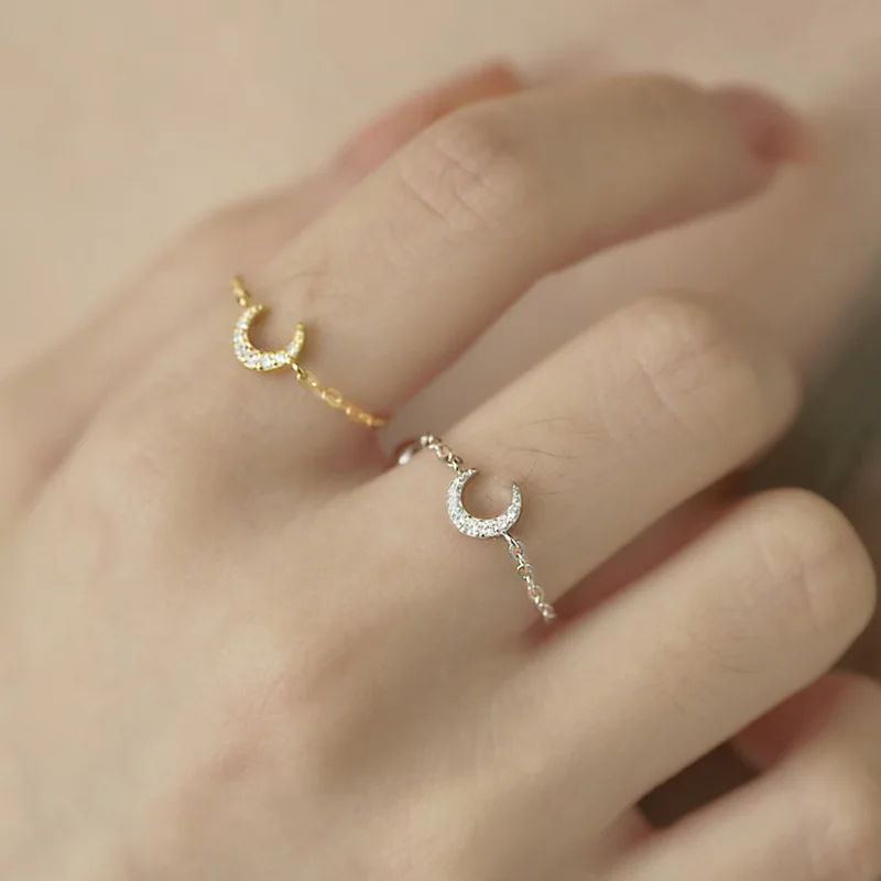 

925 Sterling Silver Zircon Moon Finger Ring For Women Girls Retro Party Wedding Jewelry Accessories jz428