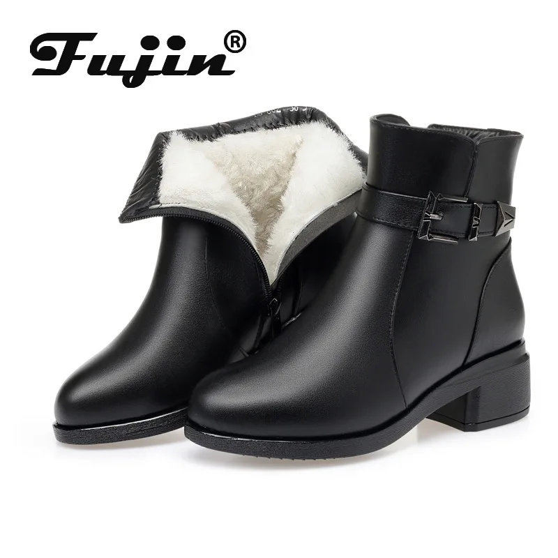Fujin/шерстяные женские зимние ботинки Теплая обувь из натуральной кожи на меху для