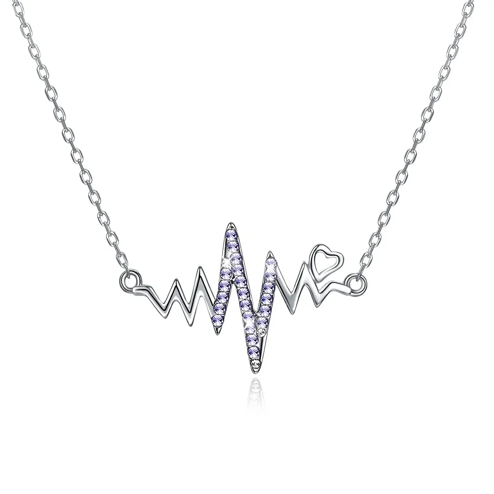 

Wave Heart Necklace Crystals 925 Sterling Silver Charms Pendant Necklaces Heartbeat Women Jewelry