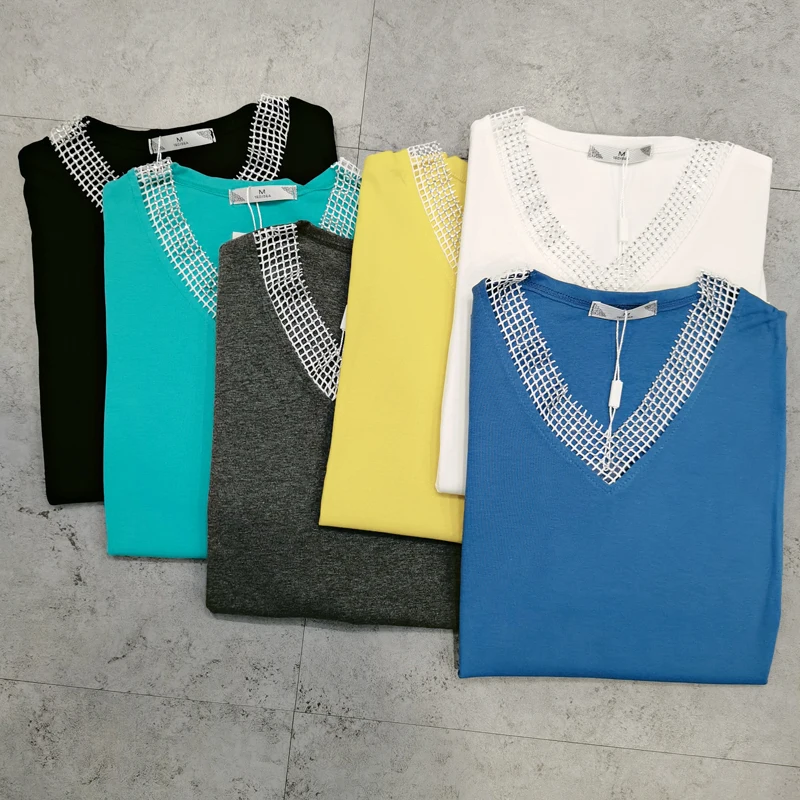 

OUMENGKA Basic Cotton T Shirt Women Summer New Mesh Patchwork Solid Tees 6 Color Casual Slim Tshirt Korean V Neck Female Tops