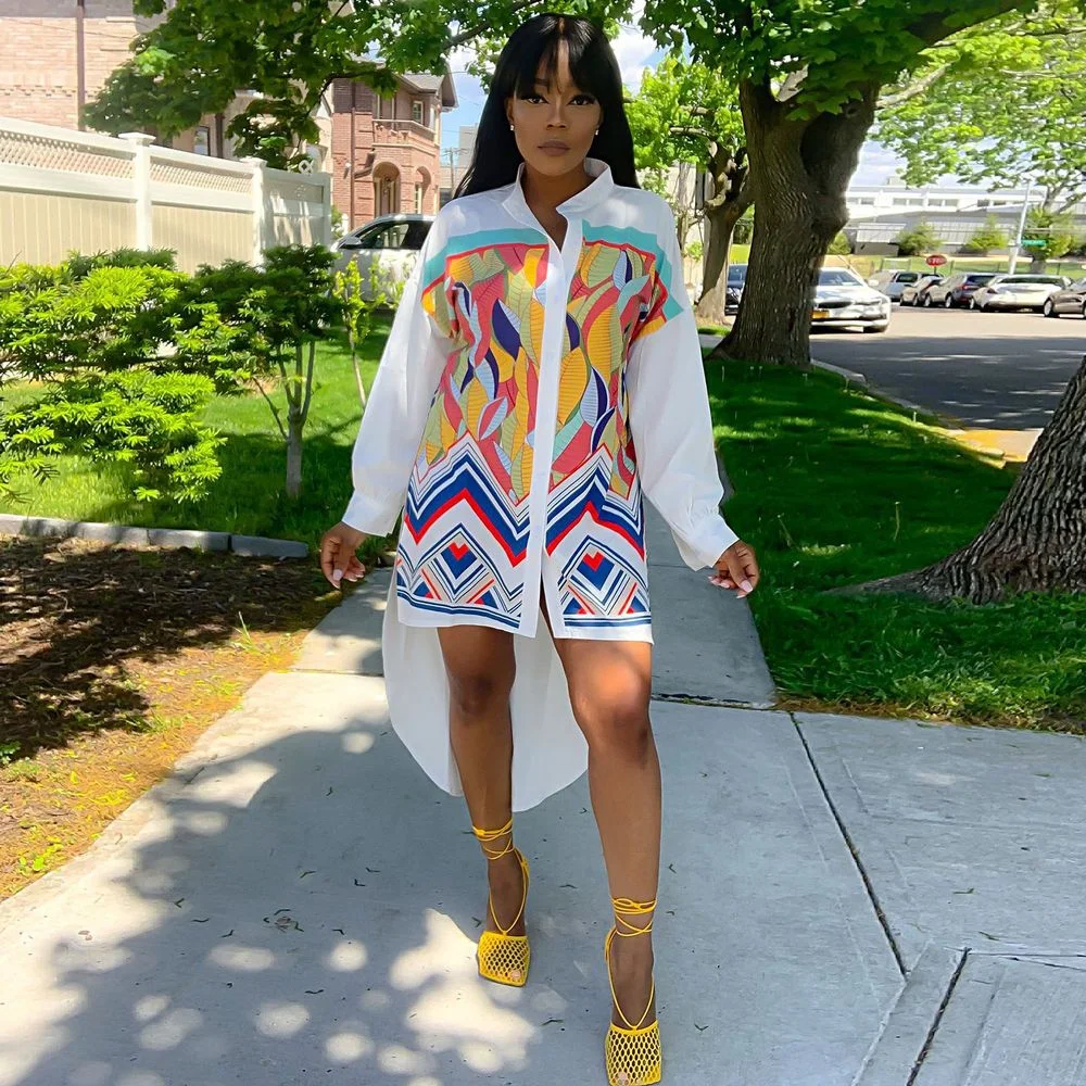 

Geometric Pattern Office Lady Shirt and Blouse Dress Summer Clothes for Women Buttons Up Long Sleeve Side Split Irregular Dress