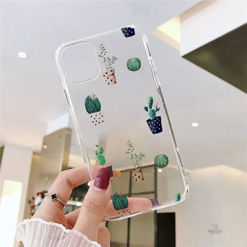 

Lovely kawaii Cartoon cactus Phone Case Transparent for iPhone 6 7 8 11 12 s mini pro X XS XR MAX Plus SE cover funda