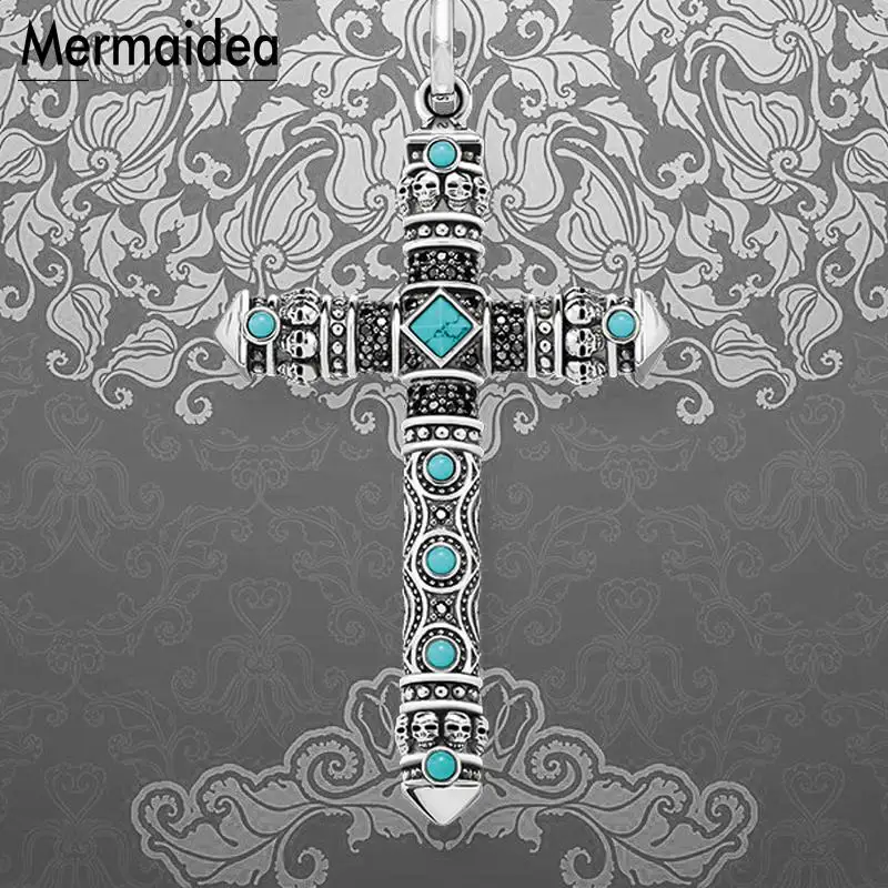 Подвеска в виде креста с голубым черепом модное ювелирное изделие посеребренным