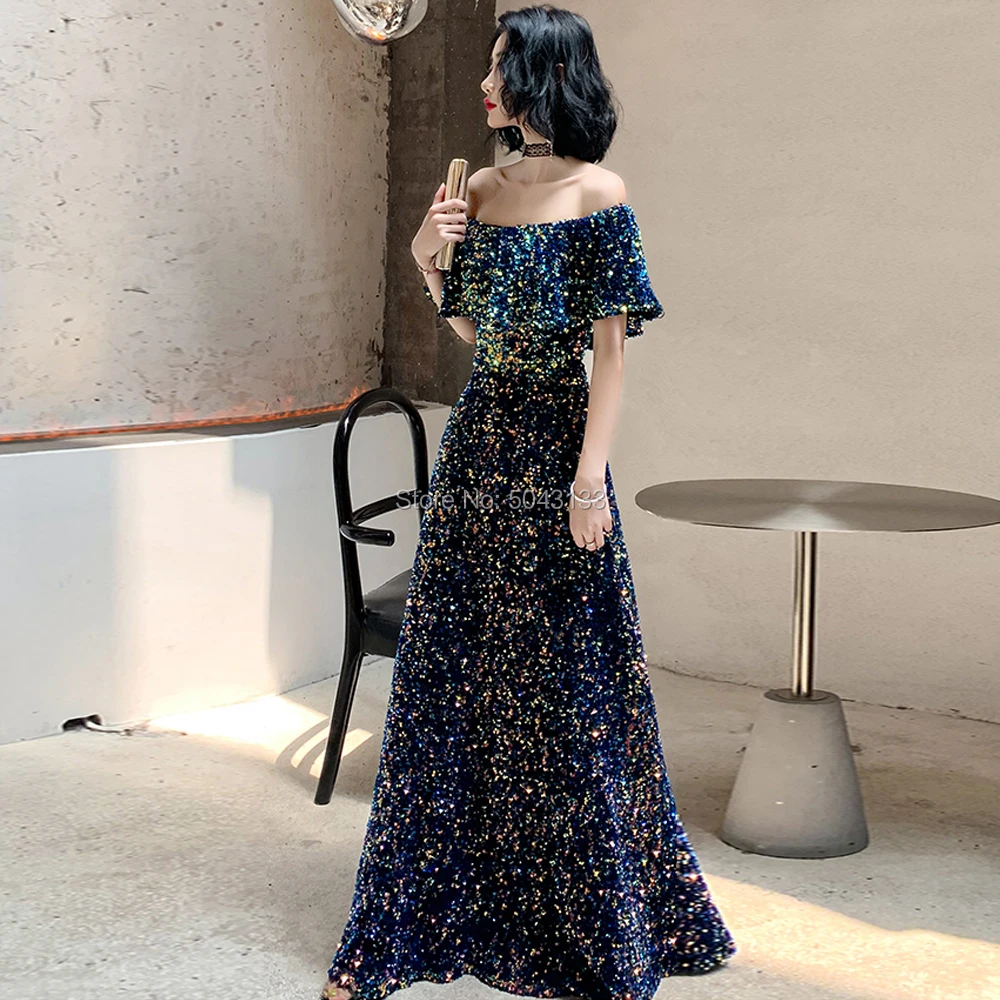

Sparkly Sequins A Line Long Evening Dresses 2021 Arabic Bateau Neckline Off The Shoulder Fuffles Pageant Formal Party Prom Gowns
