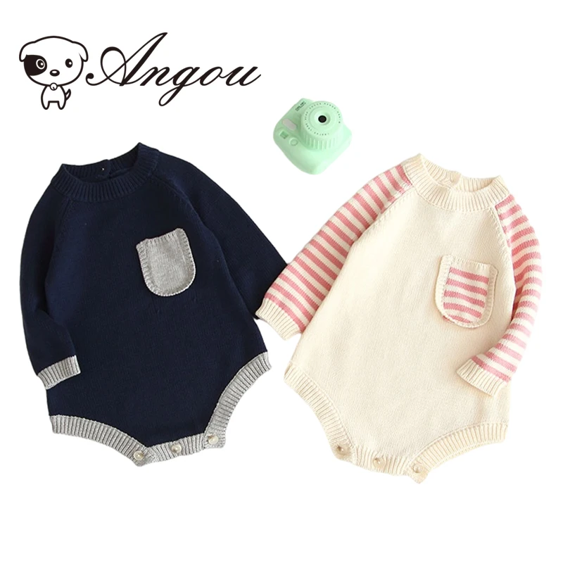 

Angou Newborn Baby Girl Outfit Romper Stripe Long Sleeves Jumpsuit Knitted Romper Spring Autumn Cotton Infant Baby Girl Sweater