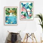 Новый тренд, Картина на холсте с изображением джунглей, тигра, планшетов, Разноцветных Птиц и рыб, Настенная картина, картина для домашнего декора