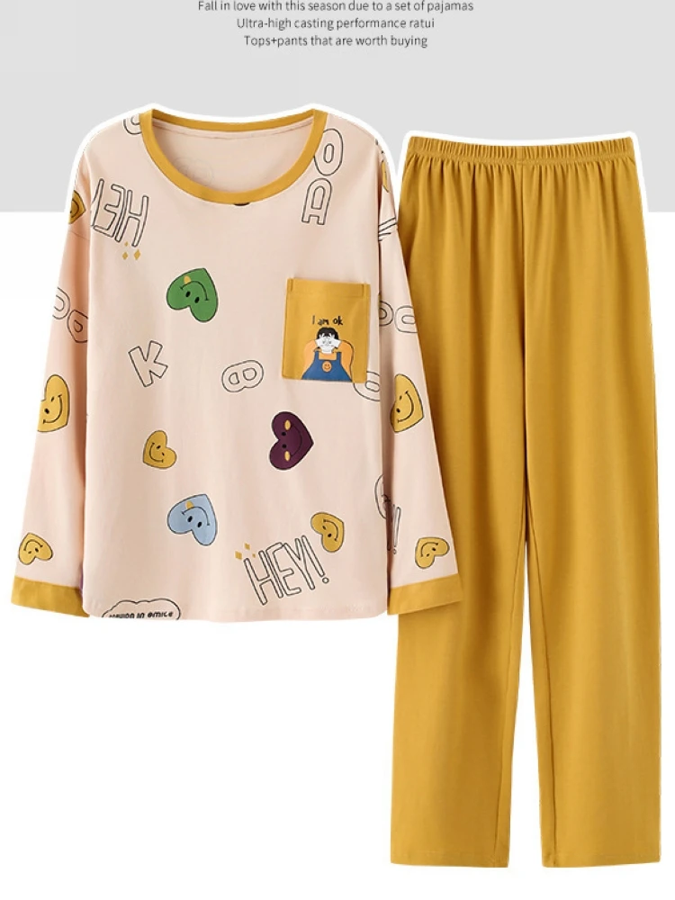 

2021 spring and autumn pajamas ladies new long-sleeved knitted cotton home clothes girls cute cartoon casual suits