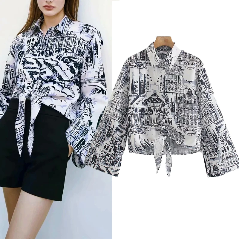 

WESAY JESI 2021 Spring Vintage Hand Painted Shirt Women Fashion Cropped Bow Blouses Female Asymmetric Casual Long Sleeve Tops