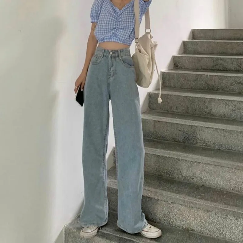 

Women Jeans with Sashes Blue Pink Vintage High Quality All-match Wide Leg Bottoms Female Ins Ulzzang Light Sweet Girls Harajuku
