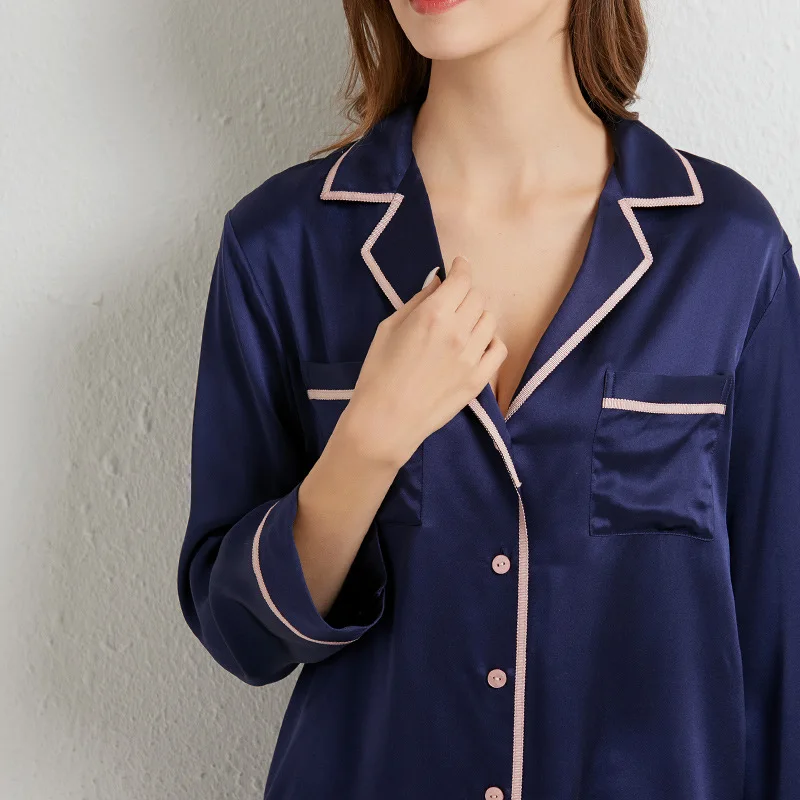 New Sleep Set 100% Silk Pajamas For Women Long Sleeve Sexy T-shirt&pants With Buttons Pijamas Casual 2PCS Lounge Nightwear