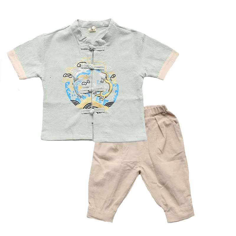 

3Colors Chinese Boys Coutumes Sets Traditional Clothes Tang Suit Baby Cotton Tops Coat Short Sleeve Shirts Loose Hanfu Pants