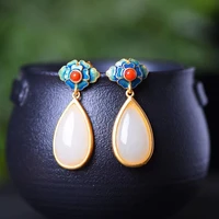 natural 925 silver inlaid hetian jade drop enamel with southern red earrings