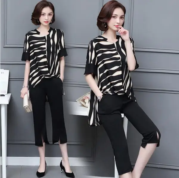 Женский костюм размера плюс комплект из 2 предметов полосатый топ и штаны лето 2019