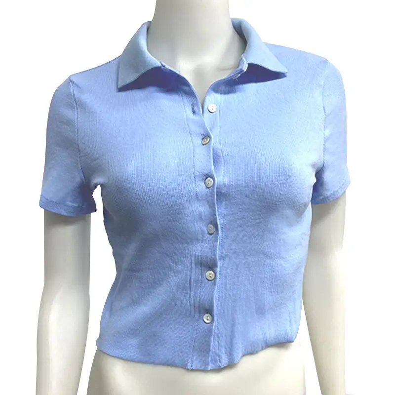 

Solid Color Polos Top Women Short Sleeve T- shirt Ribbed Button Cardigan Crop top Women T Shirt Casual Summer t-shirt 2021