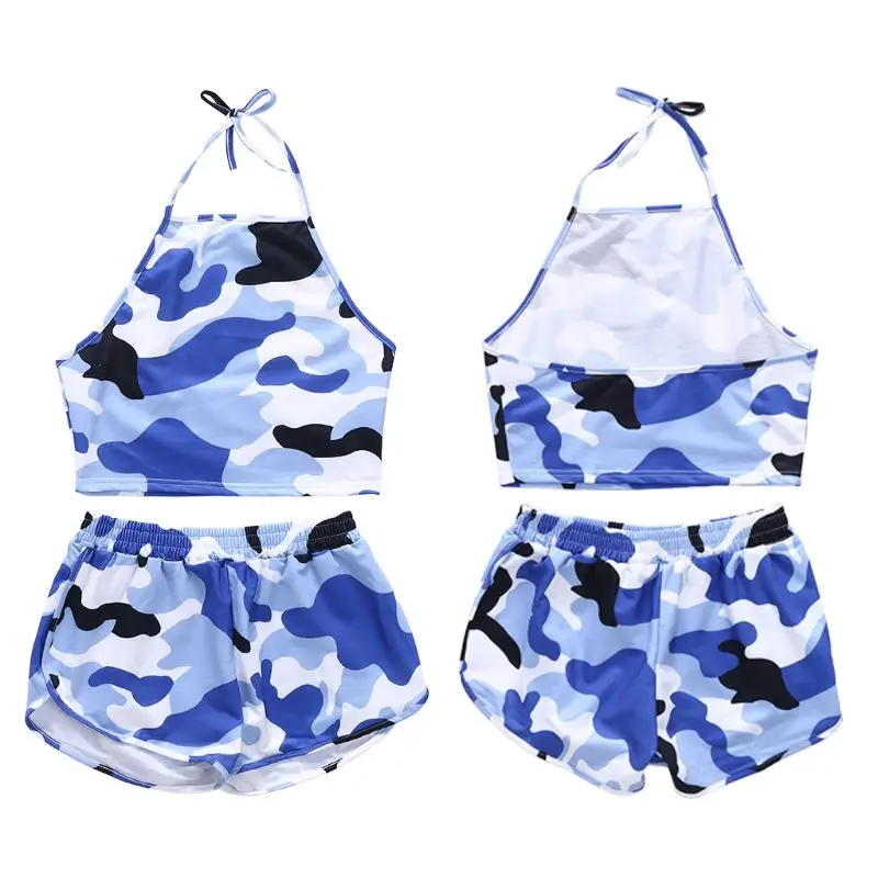 

Women Summer 2 Piece Outfits Halter Sleeveless Crop Cami Top with Shorts Colored Camouflage Print Streetwear Tracksuit