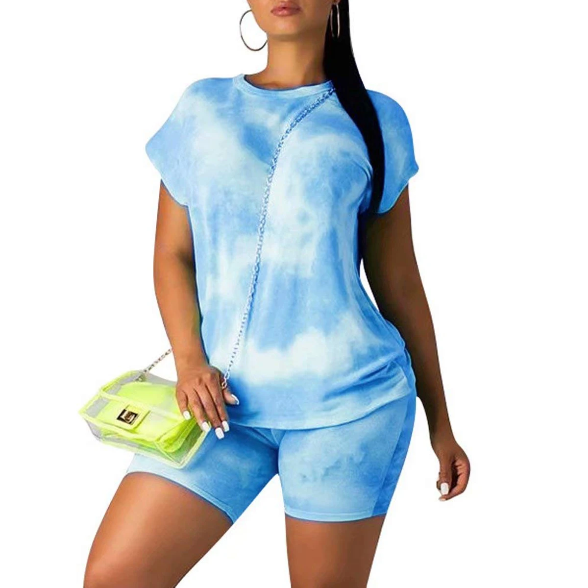 

Women 2 PCS Tracksuit Short Sleeve Pullover T-shirt High Waist Shorts Casual Female Tie-dye Sports Suit Loose Clothes sets