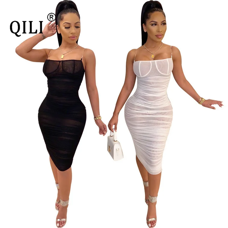 Новинка Весна 2020 женское прозрачное Сетчатое платье QILI с бретельками для