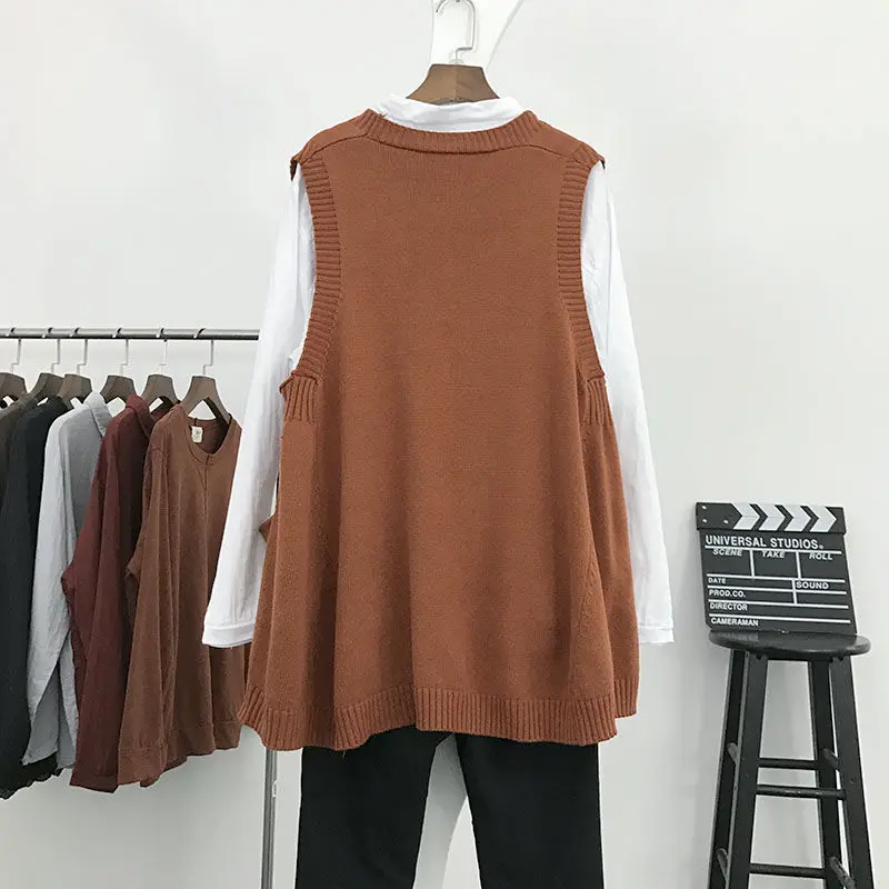 

2020 Autumn Winter Peonfly New v Neck Solid Color Seelveless Knitted Sweater Streetwear Fashion Solid Color Loose Vest Female