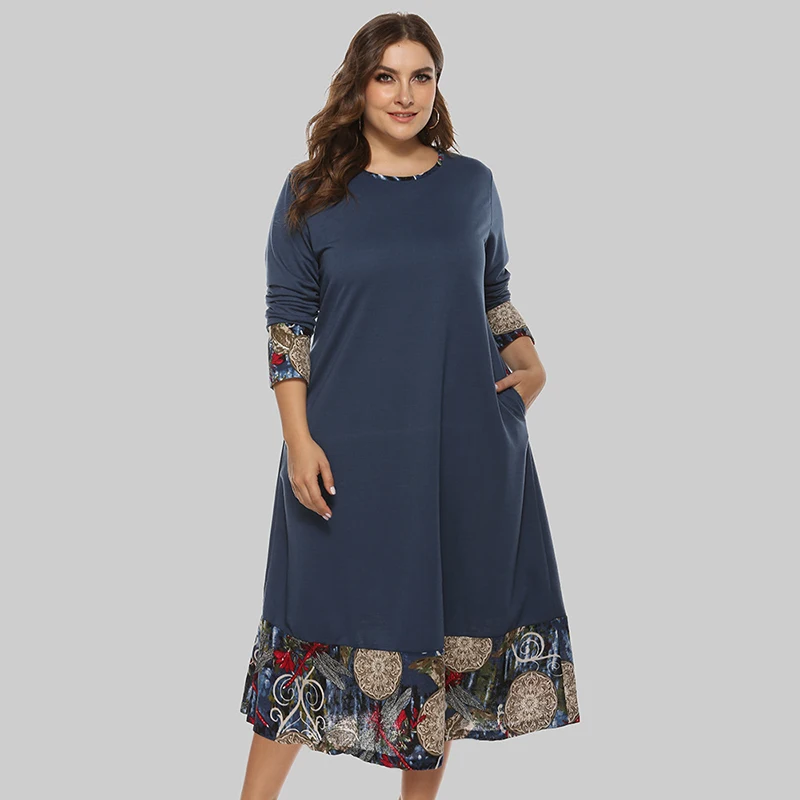 

2021 Summer New Plus Size Women's Mid-Length Ethnic Style Loose Round Neck Stitching Long-Sleeved Dress