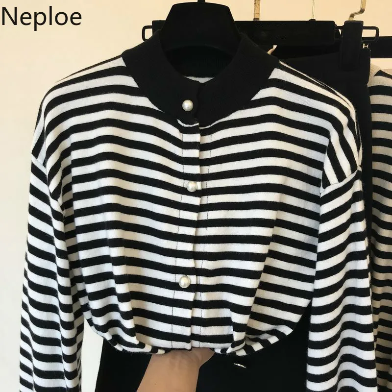 Neploe, маленький аромат, Chandal Mujer, винтажный, для взрослых, полосатый, вязаный, Женский комплект, Осень-зима, короткий кардиган+ широкие штаны, 46470