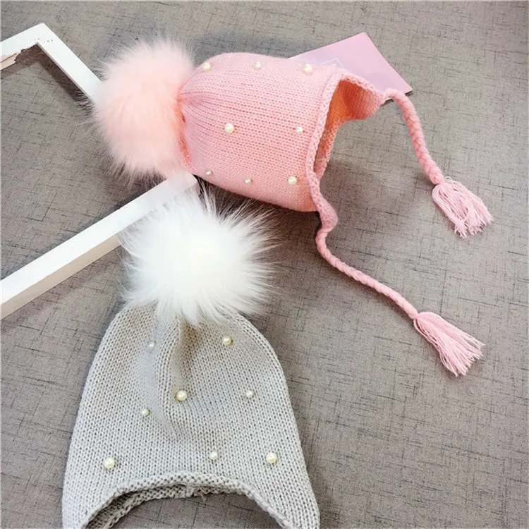 

Toddler Kids Girl Boy Baby Infant Winter Warm Pearl Crochet Knit Hat Beanie Cap Pearl Children ball earmuffs winter hat