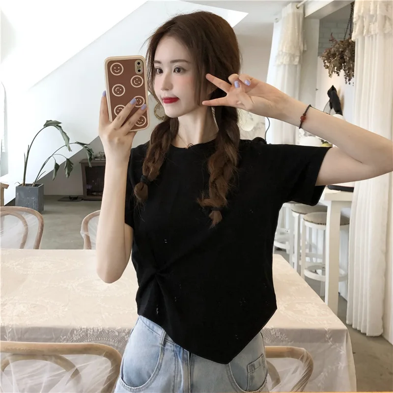 

Short T-shirt Women's Short-sleeved Front Shoulder Summer Design Niche High-waist Navel Half-sleeved White Knotted Top