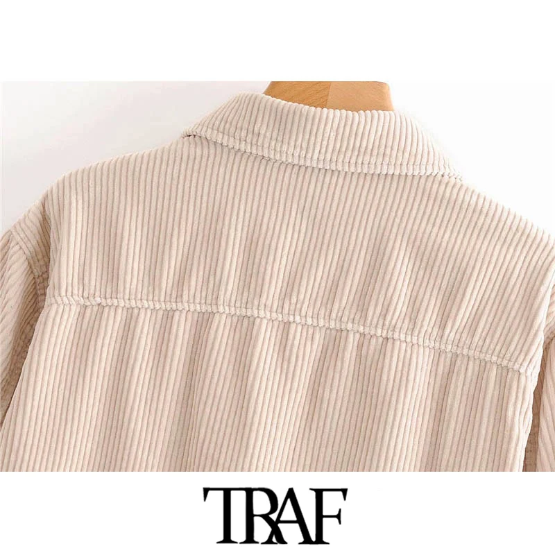 

TRAF Women Fashion With Pockets Loose Corduroy Jacket Coat Vintage Lapel Collar Long Sleeve Female Outerwear Chic Tops
