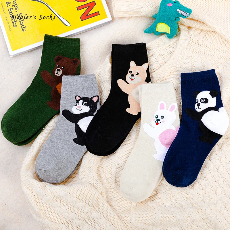 

New Funny Animal Women Socks Cotton Color Harajuku Cartoon Panda Bear Cat Dog Fashion Kawaii Happy Classic Soft Girls Sockiings