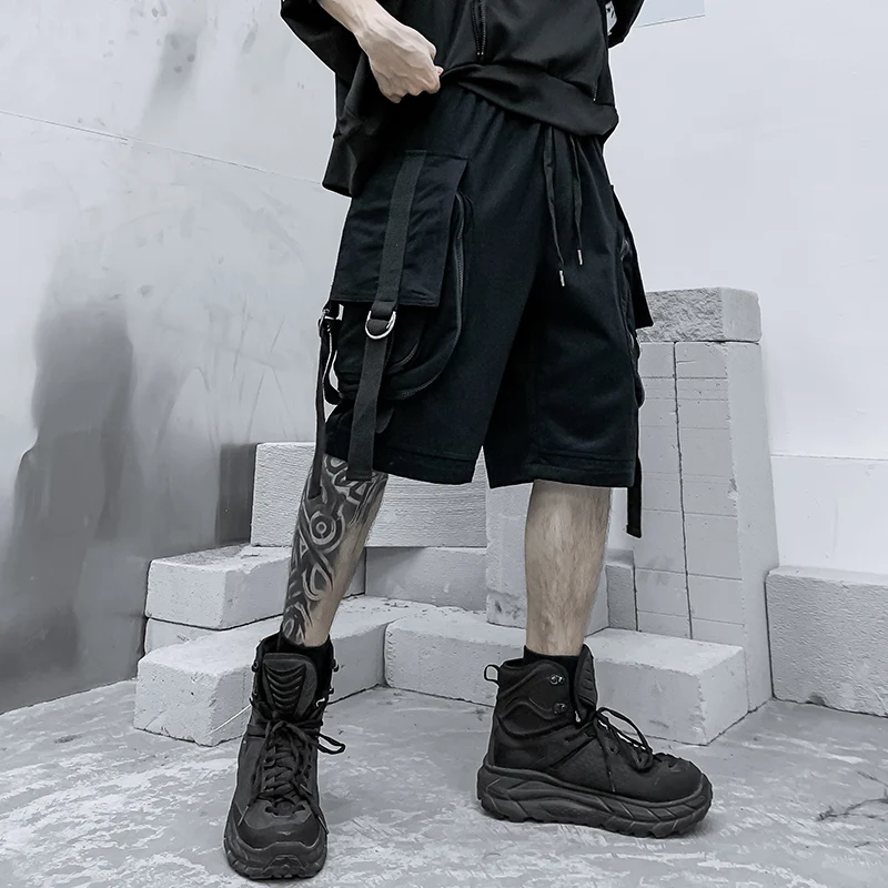 

2020 summer new men's multi-pocket ribbon Joggers shorts tide brand straight street black youth trend harem overalls short