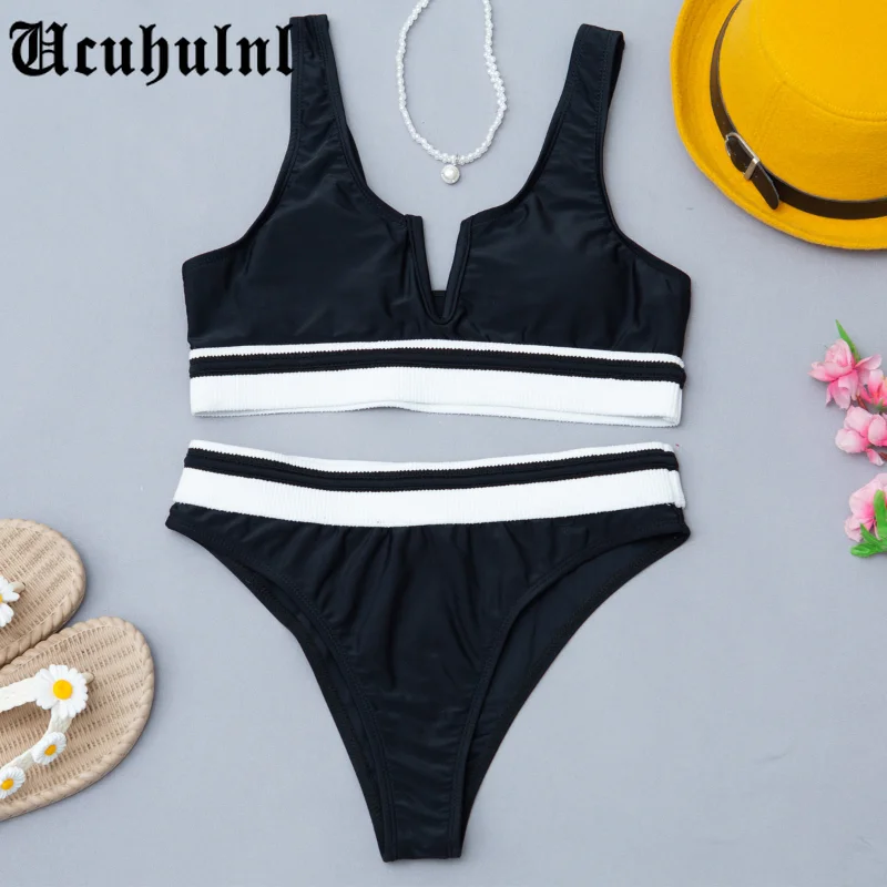 

luolita High waist bikini 2021 Ribbed swimwear female Bandeau swimsuit women V-neck bathing suit Sports swimming suit biquini