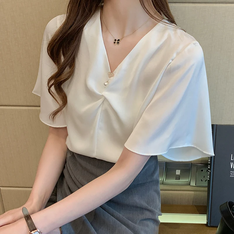 

Elegant Office Lady White Blouse Spring Summer V-neck Beading Flared Sleeve Shirts Women Fashion Chiffon Blouses