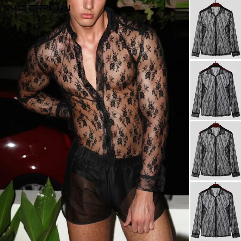 

Men Mesh Shirts Long Sleeve Lapel Neck Camisa INCERUN 2021 Fashion Tansparent Printed Chemise Man Sexy Party Button Blusas 5XL 7
