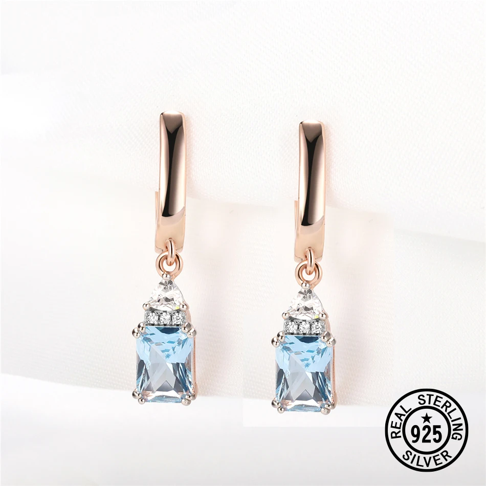 

Solid 925 Sterling Silver Dangle Earrings Gemstone Blue Topaz Rose Gold Special Anniversary Gifts For Women Luxury Fine Jewelry