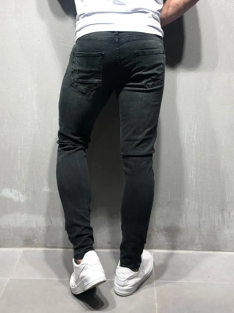 

2020 Black High Street Scratched Ripped Jeans Men Slim Casual Stretch Pants Big Size Men's jeans