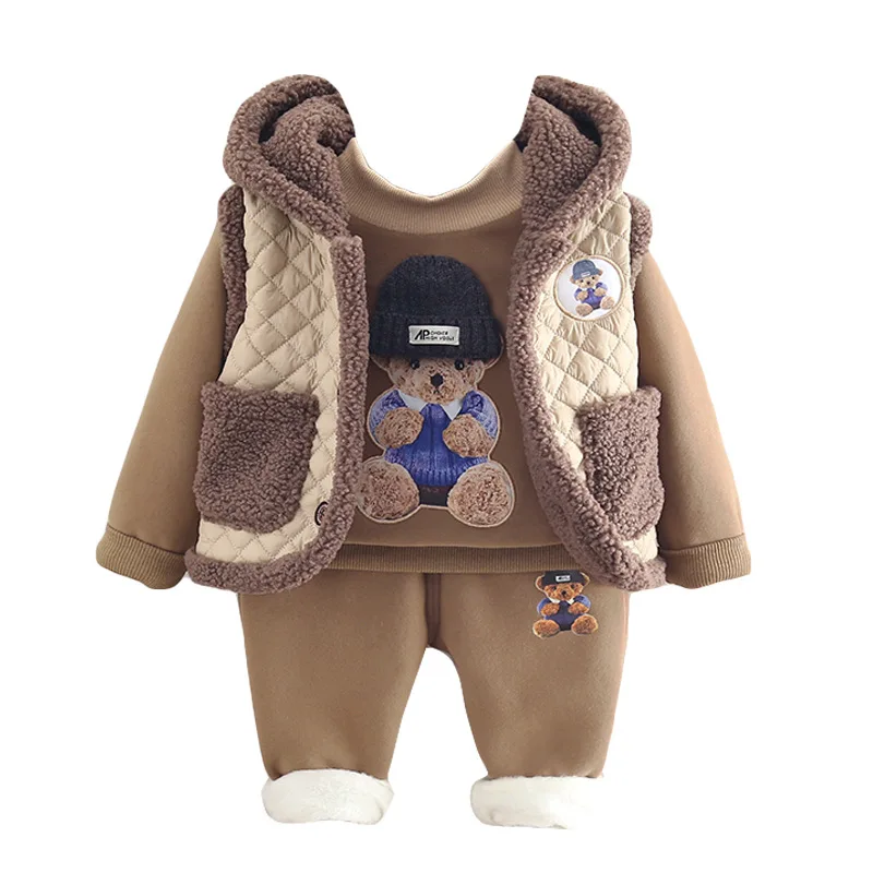 Conjunto de 3 piezas de ropa para ni&ntilde;os, su&eacute;ter polar de mano, abrigo, pantalones, oto&ntilde;o e invierno, 2021-4